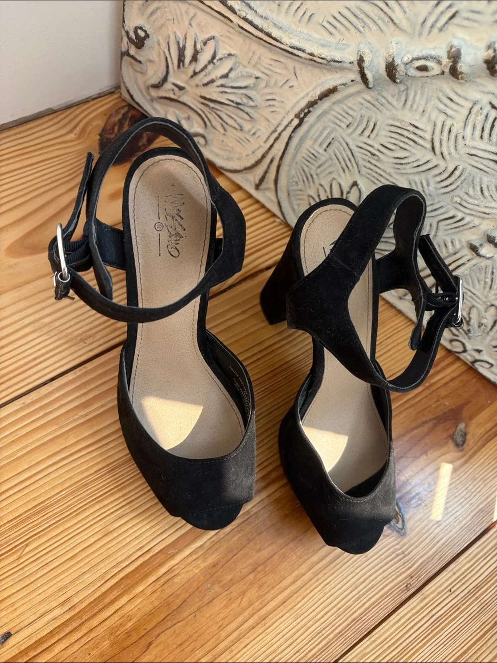 Black Platform Peep-Toe Ankle Strap Heels - Women